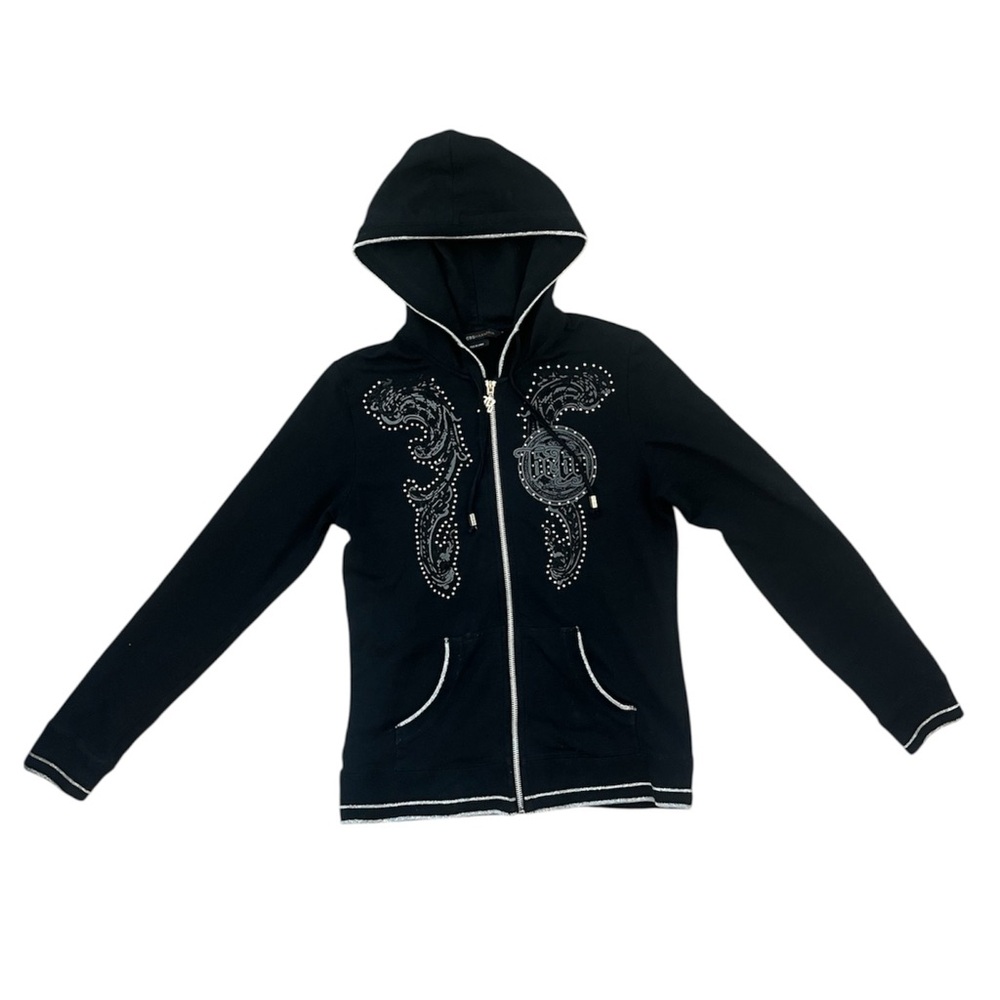 Women’s Black Zip-Up Hoodie with Rhinestone Design